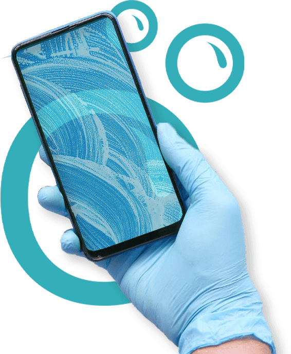 Mano con telefono e logo lavaggio